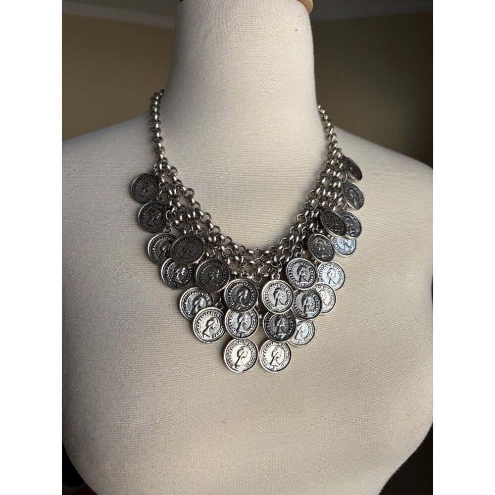 Vintage Silver Tone Coin Bib Statement Necklace Boho Gypsy Layered Chain